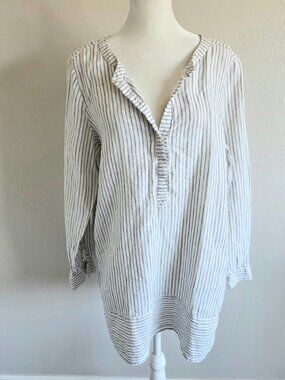 J. Jill Love Linen Top Tunic 1/2 Button Pullover Size M Missy White Gray Stripe